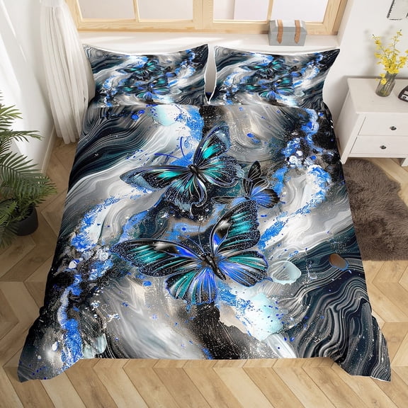 Black Marble Duvet Cover Set Teal Butterfly Comforter Cover,Blue Marbling Queen Bedding Sets,Abstract Ombre Ink Fluid Art Bed Set Rustic Animal Dreamy Butterflies Room(No Comforter)