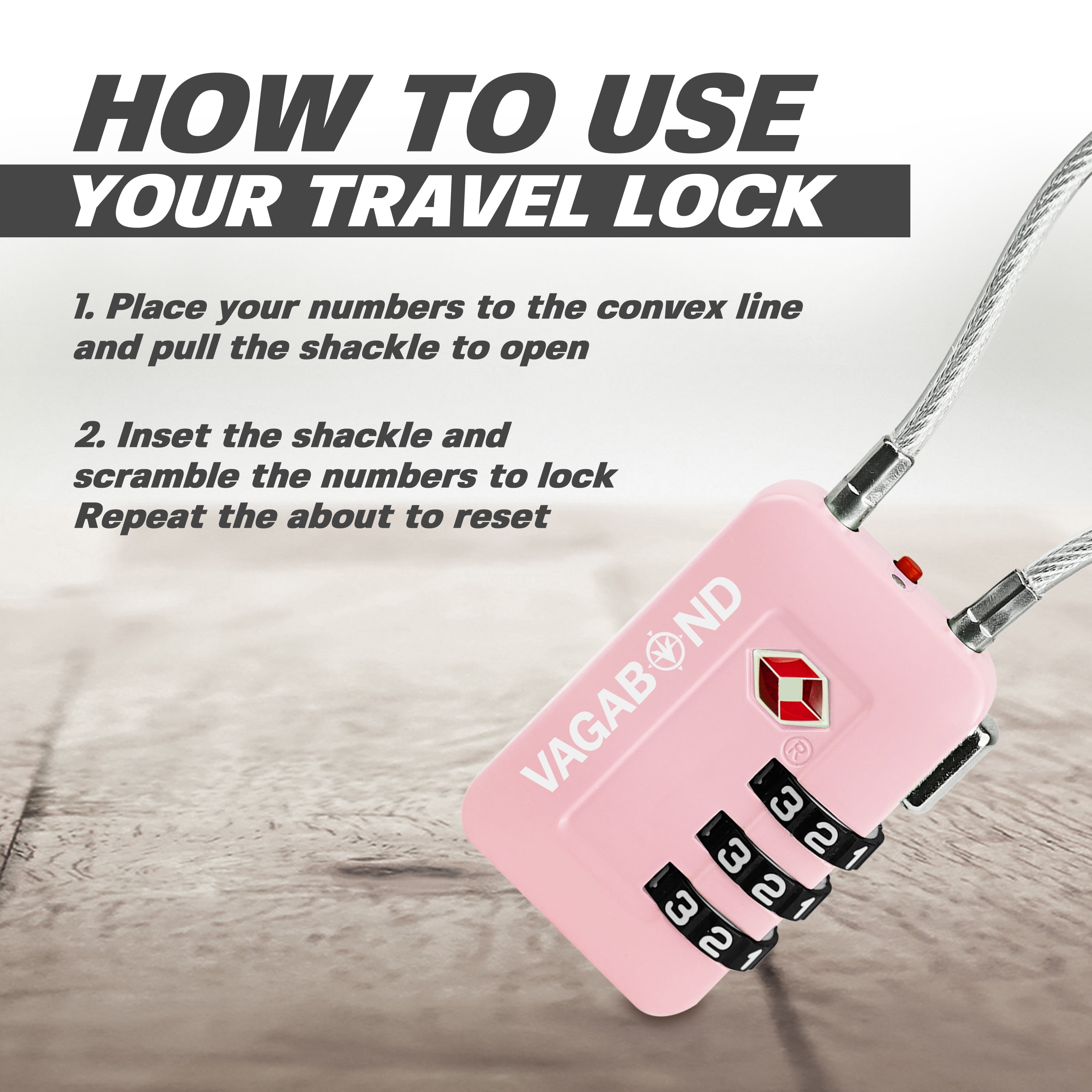 VAGABOND TSA Accepted Luggage Travel Lock 3 Digit Combination Keyless Resettable Suitcase Steel Cable Lock with Zinc Alloy Body Pink 2 Pack