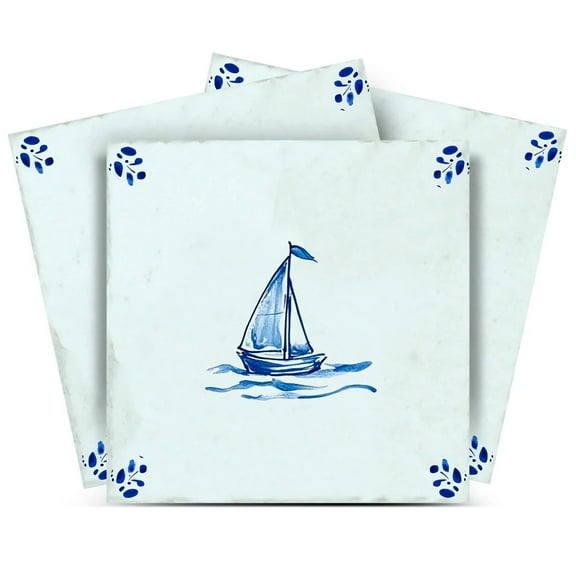 Mi Alma Boat Blue Tile Stickers - Removable Vinyl 4x4, 24 pcs