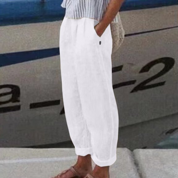 Conairie White Linen Pants Women Wide Leg Elastic Waisted Casual Palazzo Pants Solid Relaxed Fit Summer Beach Trousers With Pockets XXXL