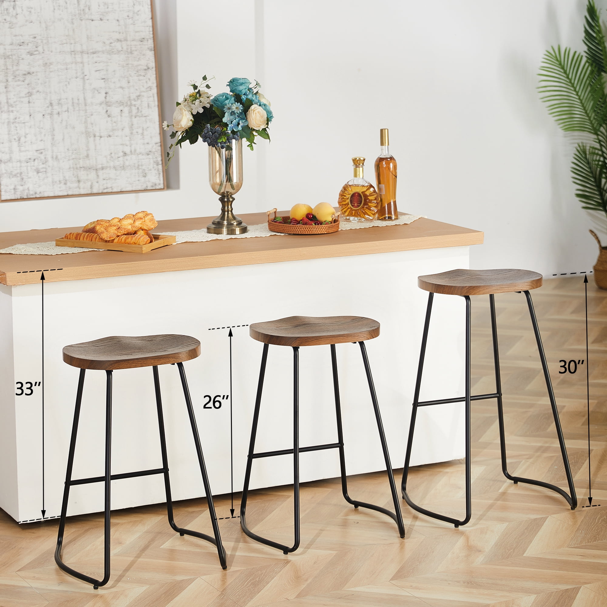 FIRAVOE Counter Height Bar Stools (Saddle Seat Backless) Barstools Set of 2, 26" Rustic Wooden Counter Stools Kitchen Stools