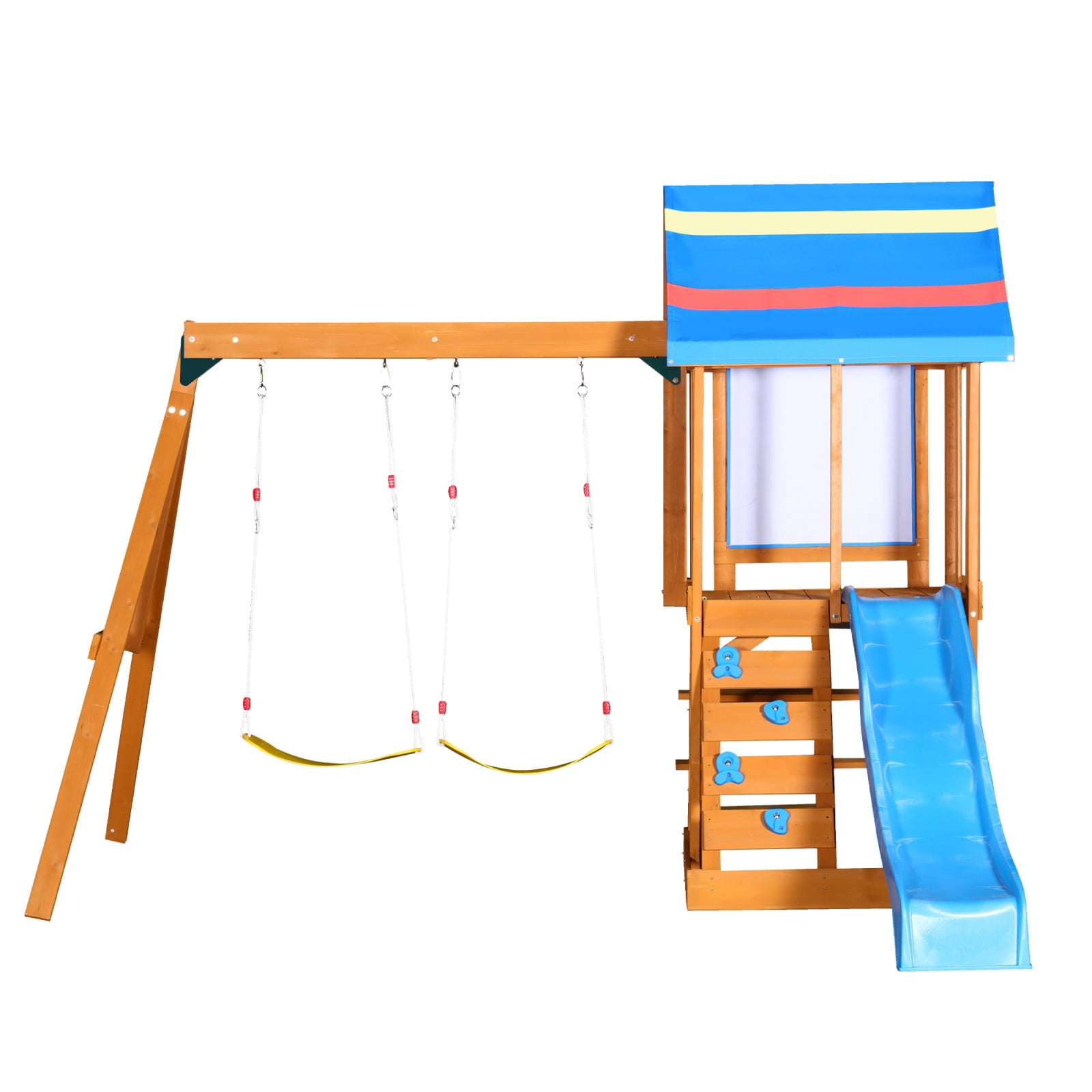 Wooden Outdoor Swing Set 3 In 1 Swing Set Outdoor Children's Playset With Slide , 2 Swings And Climber For Garden, Backyard And Playground, Blue,Blue