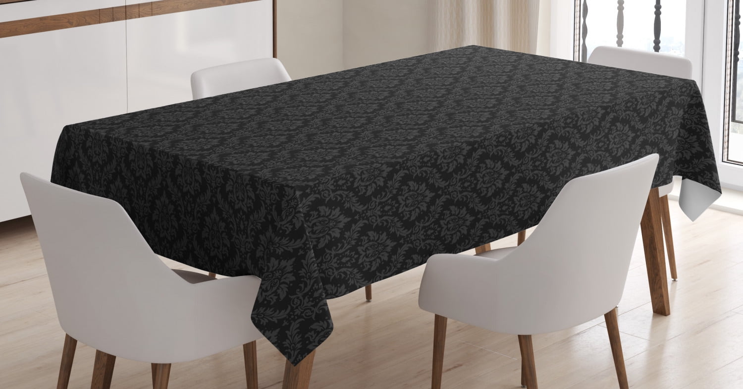 Black and Grey Tablecloth, Flourishing Traditional Damask Style with