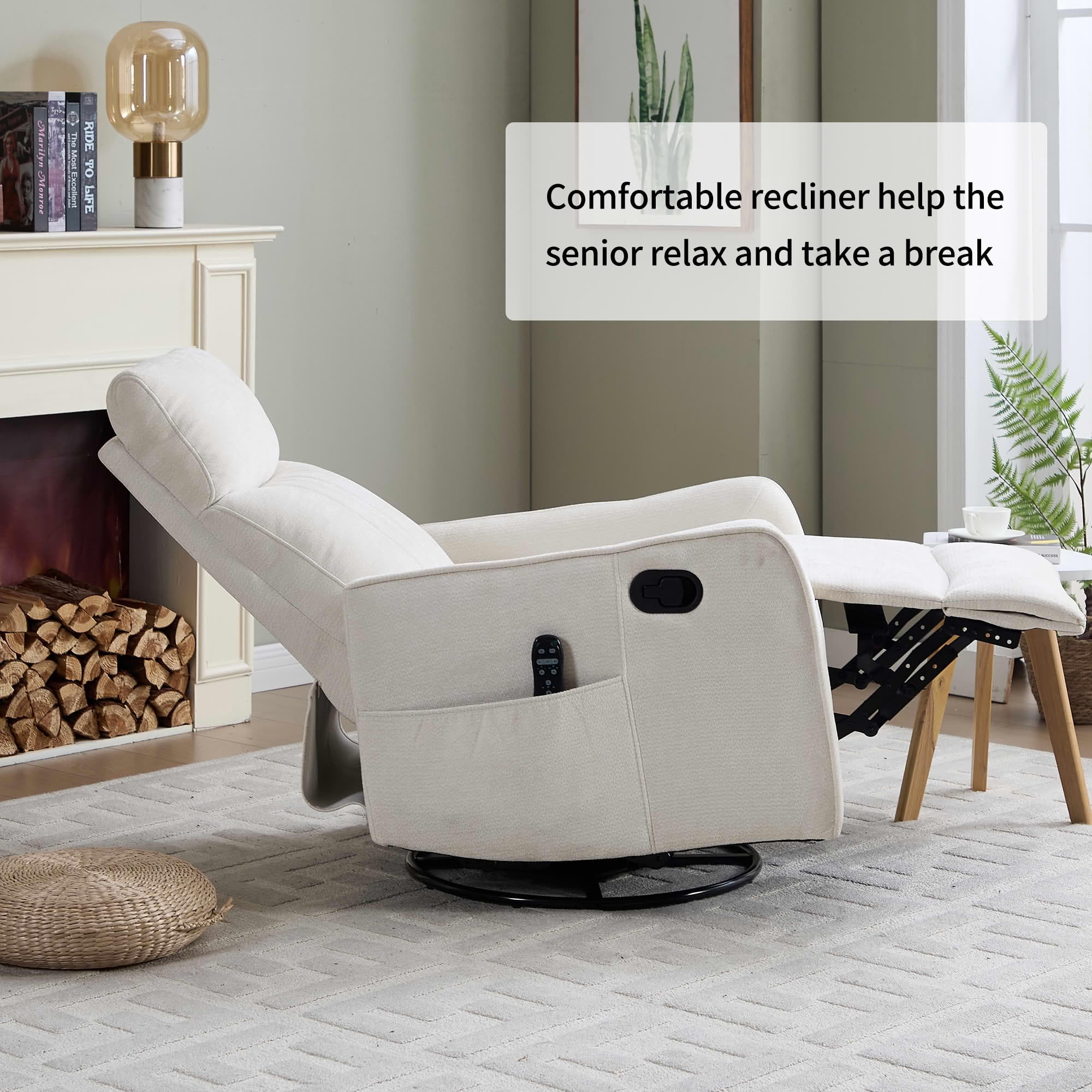 MAYEERTY Beige Chenille Heat Massage Recliner Chair, 360° Swivel Rocker for Living Room, 26x35x39in