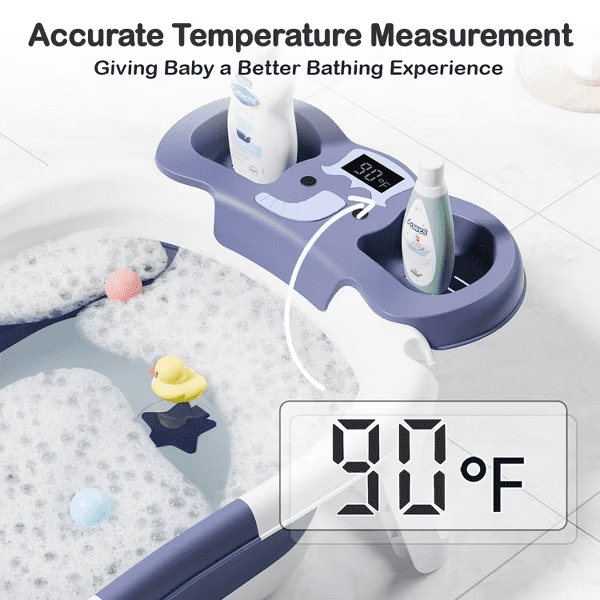 Tumajup Foldable Baby ‎Bathtub Elephant PP+TPE with Soft Cushion&Thermometer for 0-36 Months Toddler Gray