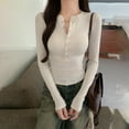 thumbnail image 3 of ClodeEU Womens V Neck Button Down Long Sleeve Ribbed Knit Slim Fit Basic Tee ,Dressy Casual Shirts Beige,Womens Plus XL, 3 of 7