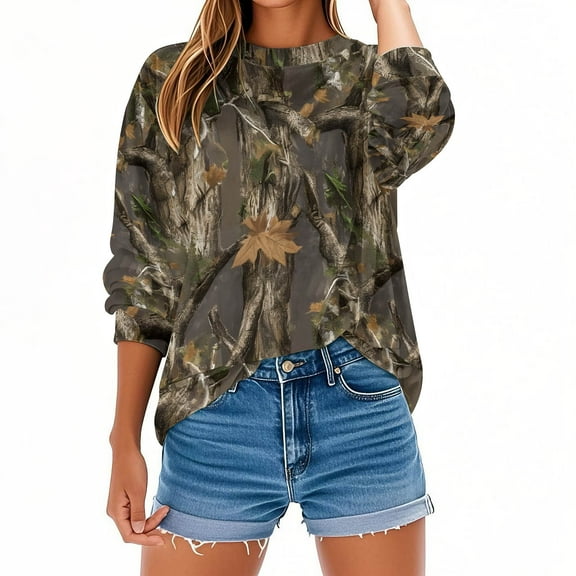 Makaor Pullover Sweatshirts for Women Plus Size Crew Neck Tops Camouflage Long Sleeve Tees Oversized Casual Fall Winter Clothes