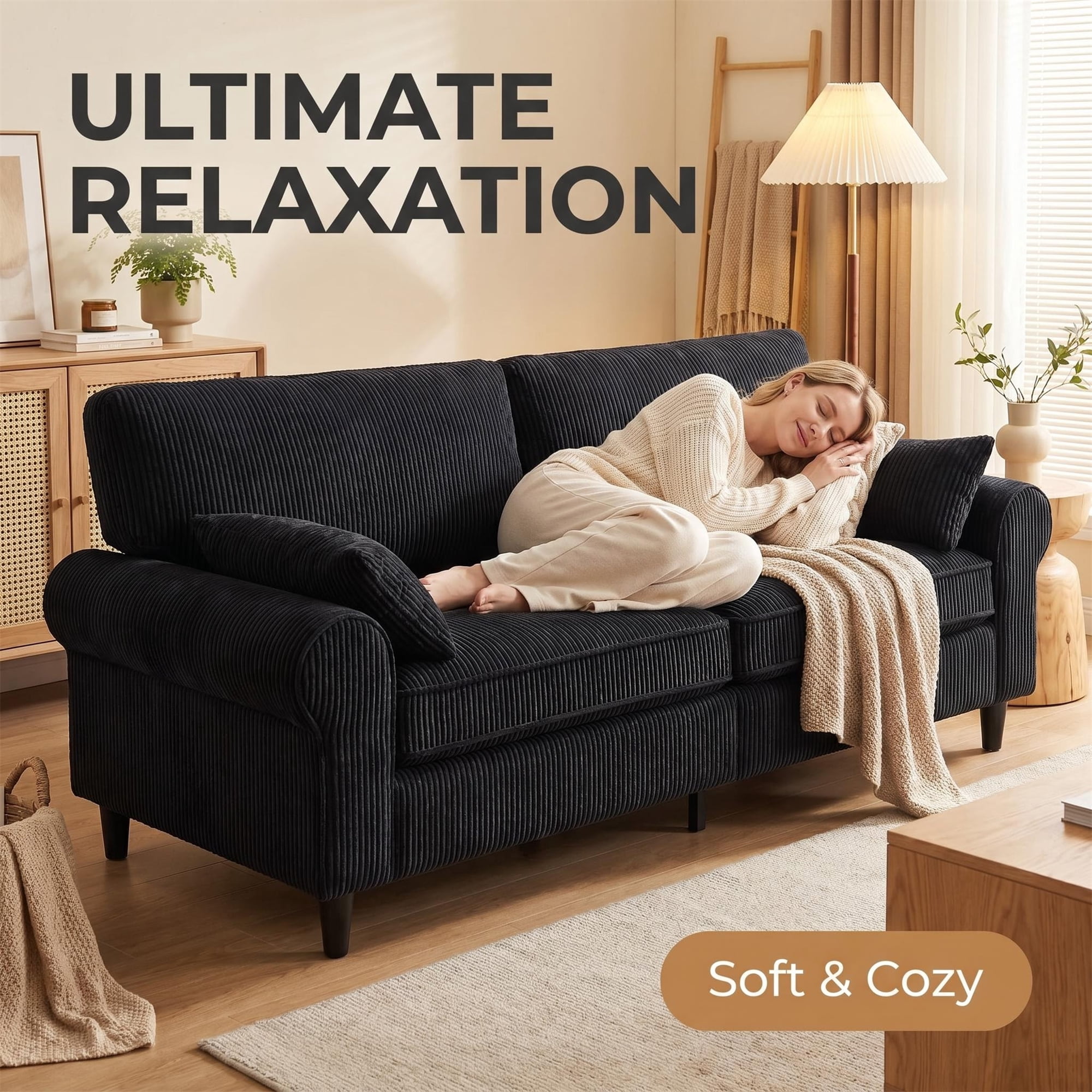 Aukfa 81" Roll Arm Sofa 3 Seat Deep Seat Upholstered Couch for Living Room Bedroom, 2 Pillows, Corduroy, Black