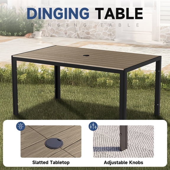 ELPOSUN 6-Person Outdoor Rectangular Metal Dining Table with Umbrella Hole, All-Weather Resistance Patio Table, Brown