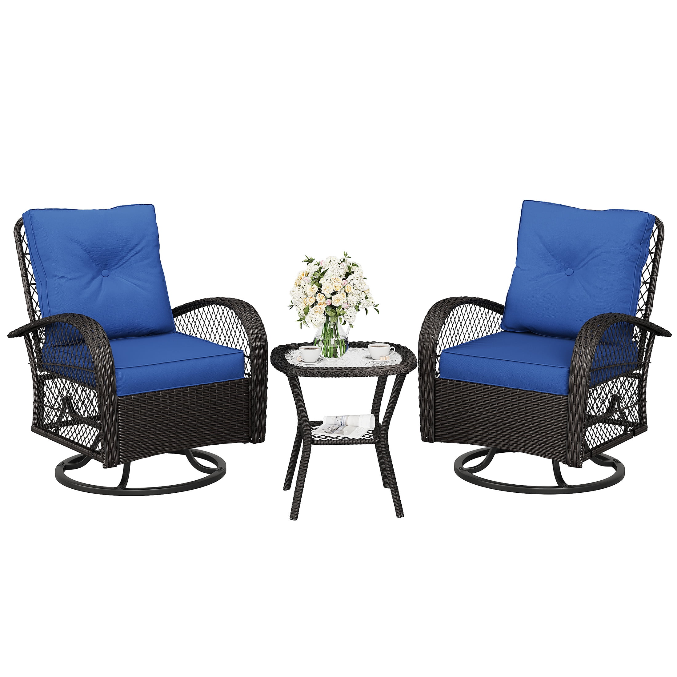 Techmilly 3 Pieces Patio Furniture Set, Outdoor Swivel Gliders Rocker, Wicker Patio Bistro Set with Rattan Rocking Chair for Porch Deck Backya (Navy Blue)