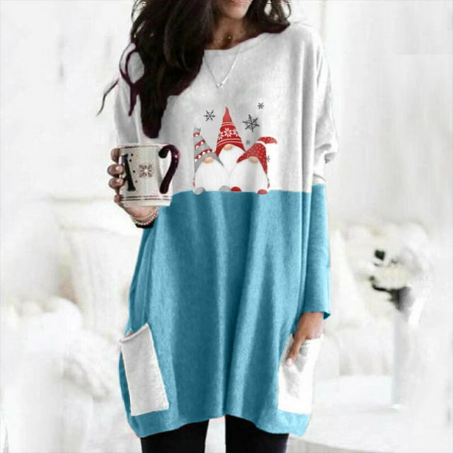 Pntutb Tallas grandes Mujer Manga larga Navidad Impreso O-cuello tops Camiseta Blusa Pntutb Pntutb-2675