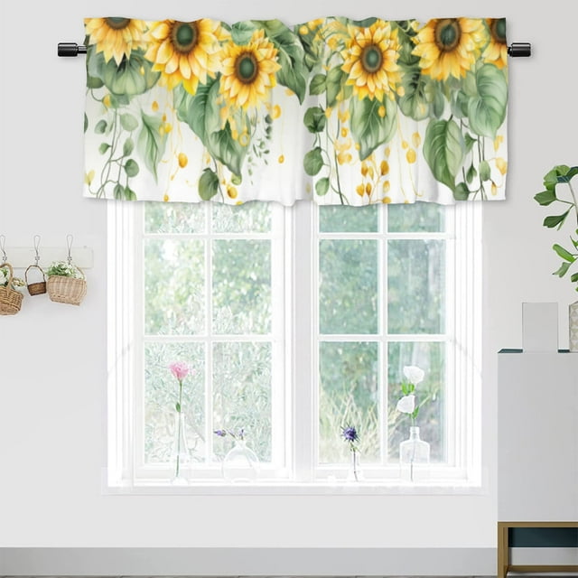 Cortinas opacas con diseño de girasoles de granja, con hojas verdes de girasoles de acuarela, con aislamiento térmico, para cocina, para ventanas pequeñas, dormitorio, 54 x 18 pulgadas (1 unidad)