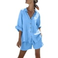 thumbnail image 6 of FengLS Women's Fashion 2 Piece Sets Lapel Collar Button Down Shirt & Short Pants Sets Cotton Linen Lightweight Breathable Sets for Daily Outdoor & Casual Home Wear, 6 of 8