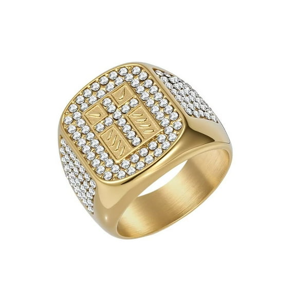 HIJONES Men Women's Cross Cubic Zirconia Stainless Steel Ring Personalized Hip Hop Exaggerated Diamonds Ring Band Jewelry Gold Size 10