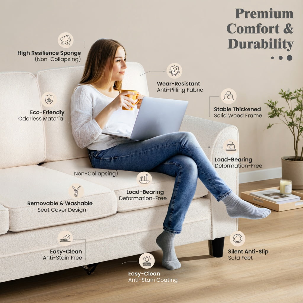 Hommoo Teddy Velvet 3-Seater Sofa, Plush Upholstered Living Room Couch with Ergonomic Back Support, Machine-Washable Cushion Covers, Rubber Wood & Metal Frame, White