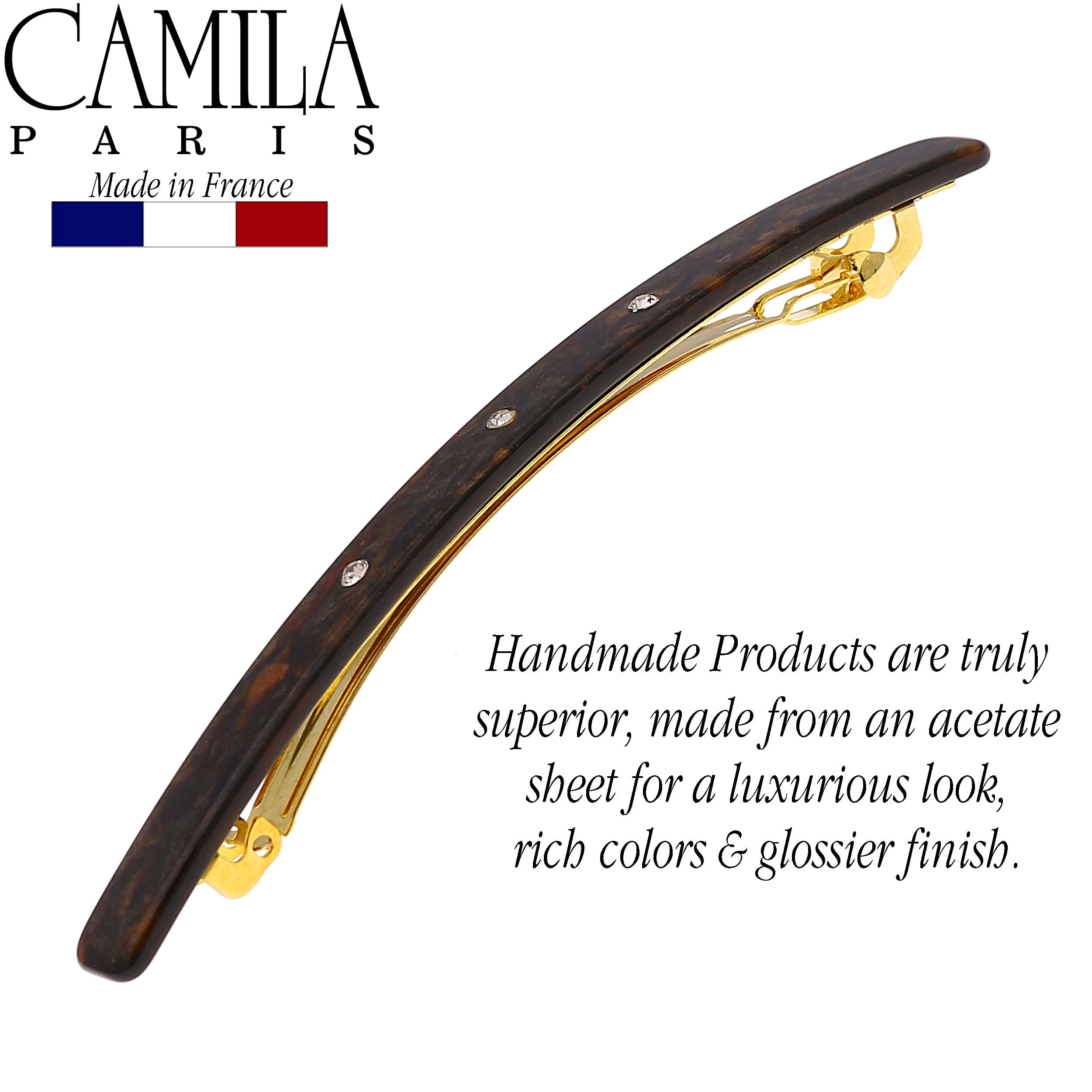 Camila Paris CP3252 French Hair Barrette Large Gray, Long Skinny Strong Hold Grip Hair Clips for Women, Thin Rubberized Automatic Clasp No Slip Durable Styling Girls Hair Accessories, Made in France