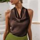 thumbnail image 2 of Blusas de Satén para las Mujeres Vestido Elegante sin Mangas Cuello de Vaca Blusa de Corbata Trasera, Color Sólido Cortado Top para Bodas Y Fiestas de Verano, 2 of 7