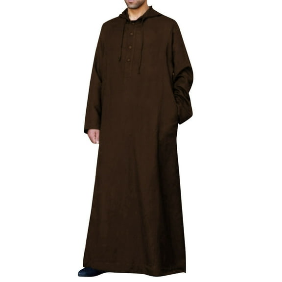 Men's Thobe Traditional Long Sleeve Loose Fit Robe with Pocket for Casual Wear