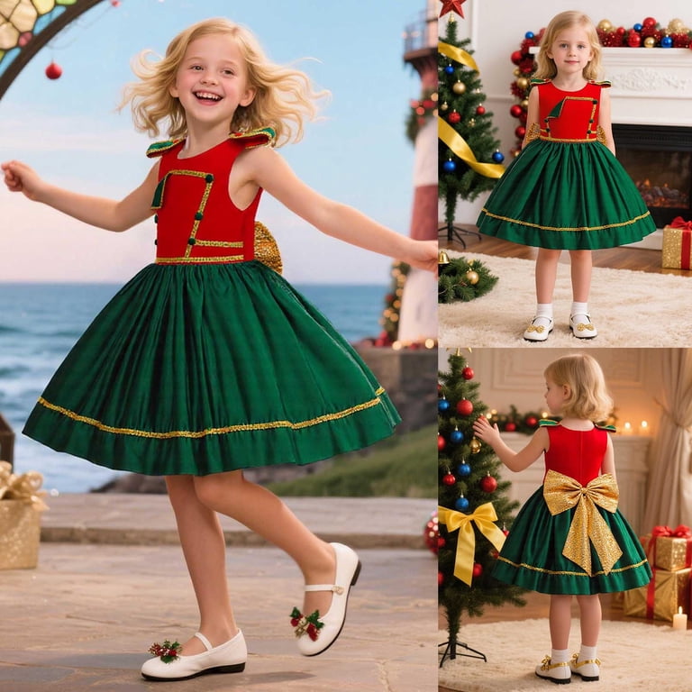 Gelikeya Baby Girl Christmas Outfit Size 5-6 Little Girl Sleeveless Dresses Casual Midi Sundress Tutu Dress for Kids Winter Clothes (x10 Green, 5-6