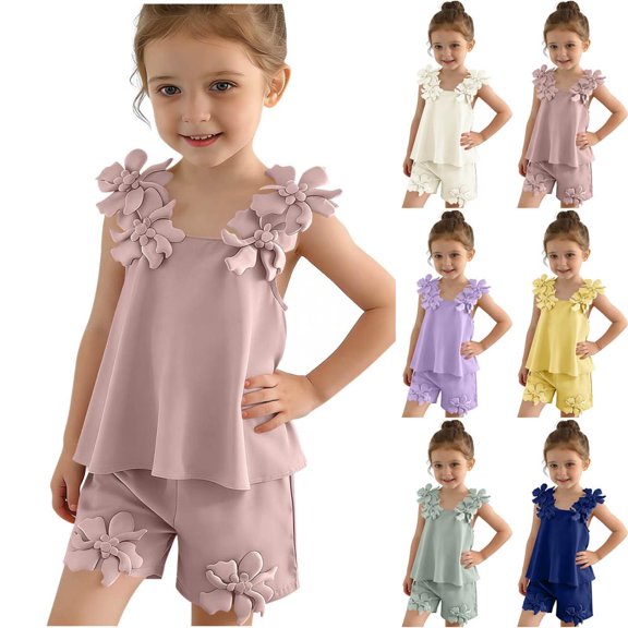 BXSRUTA Girls 2-8 Years Summer Two Piece Outfit Cotton Soft Breathable Suspender Top and Shorts Set with 3D Flower Casual Daily Wear