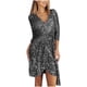thumbnail image 2 of ICHUANYI Clearance Women's Sexy Sleeve Solid Color Sequin V-neck Lace Up Small Dress Sleeve V-neck Dress(Black, XXL) ICHUANYI WER2023081200242, 2 of 8