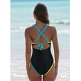 thumbnail image 2 of Women'S Tummy Control Swimsuits Neon Color Block Swimwear Deep V Neck Slimming Bathing Suit Black XXL, 2 of 6