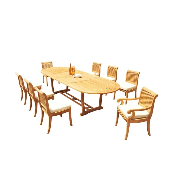 Grade-A Teak Dining Set: 8 Seater 9 Pc: 118" Mas Oval Trestle Leg Table And 8 Giva Chairs (2 Arm & 6 Armless Chairs) Outdoor WholesaleTeak #51GV2709