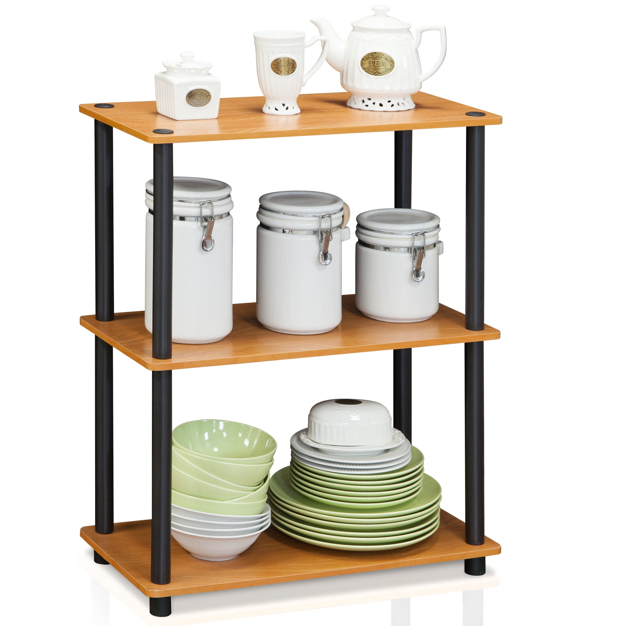 Furinno Rata 3-Tier Industrial Multipurpose Flat Base Shelf Display Rack with Metal Frame, Columbia Walnut