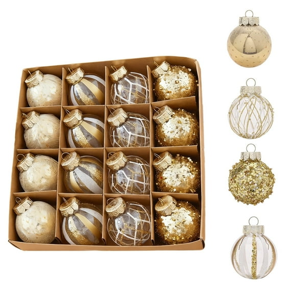 Christmas Ball Ornaments Set, 16Pcs Gold Assorted Xmas Tree Ball Ornaments, Clear Plastic Shatterproof Xmas Ball Hanging Christmas Tree Hanging Ornaments for Xmas Decor 2.4Inch