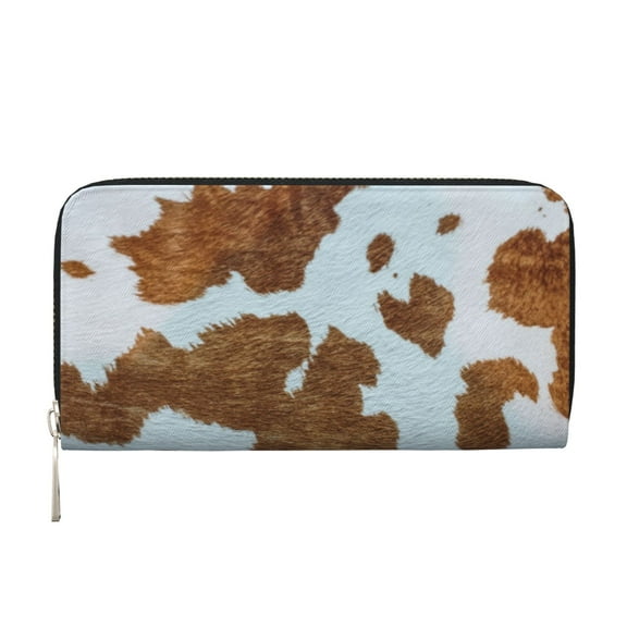 Leather Zipper Pocket Hand Wallet For Women And Men Travel Leather Purse Large Capacity Credit Card Holder Brown Spotted Cow Hide