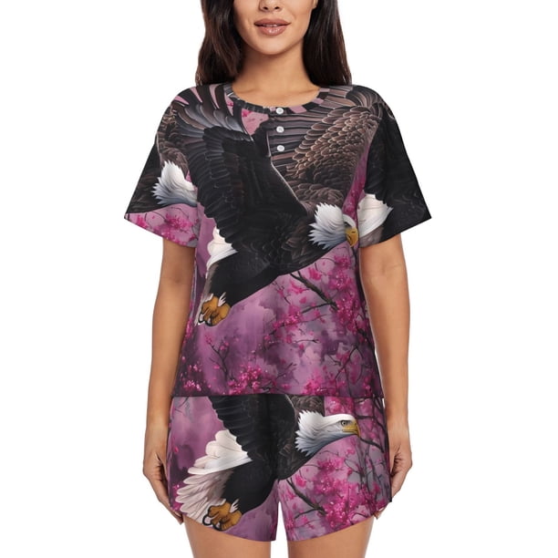 Fotbe Flower Bald Eagle Conjunto de Pijama Estampado para Mujer, 2 Piezas, Ropa de Dormir con Camiseta de Manga Corta y Shorts Suaves-Medium