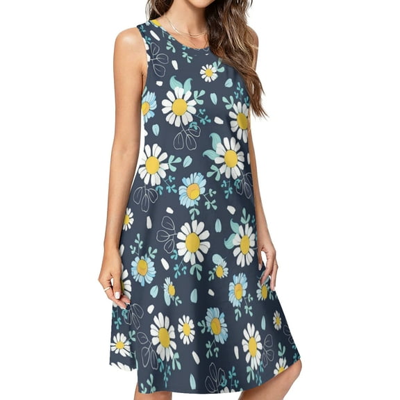 Black white daisies ditsy Spring Summer Dresses for Women Fashion T-shirt Dress Casual Sleeveless Loose Sundress with Pockets