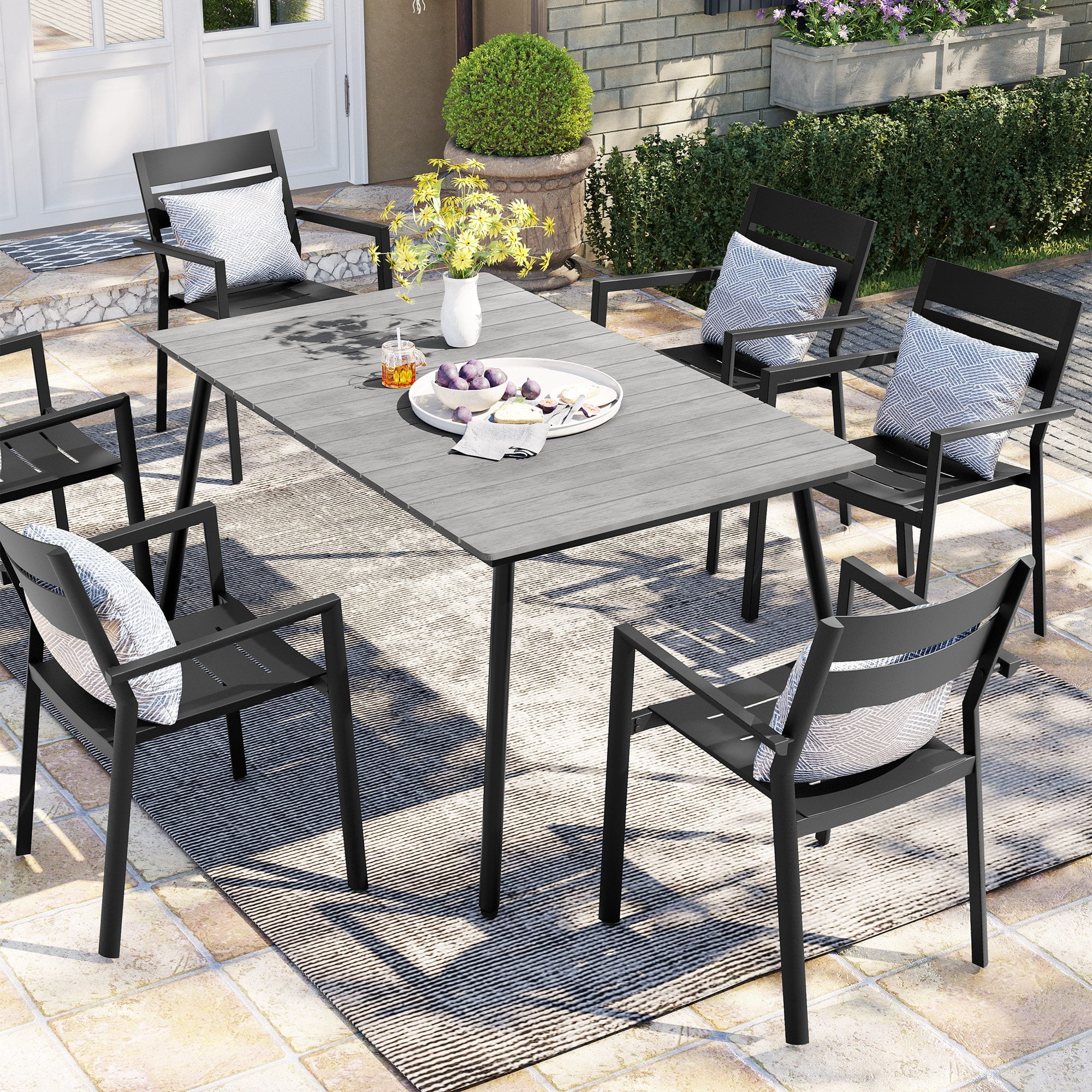 Pellebant 7 Pcs Gray Patio Set 6 Arm Chairs 1 Table with Umbrella Hole