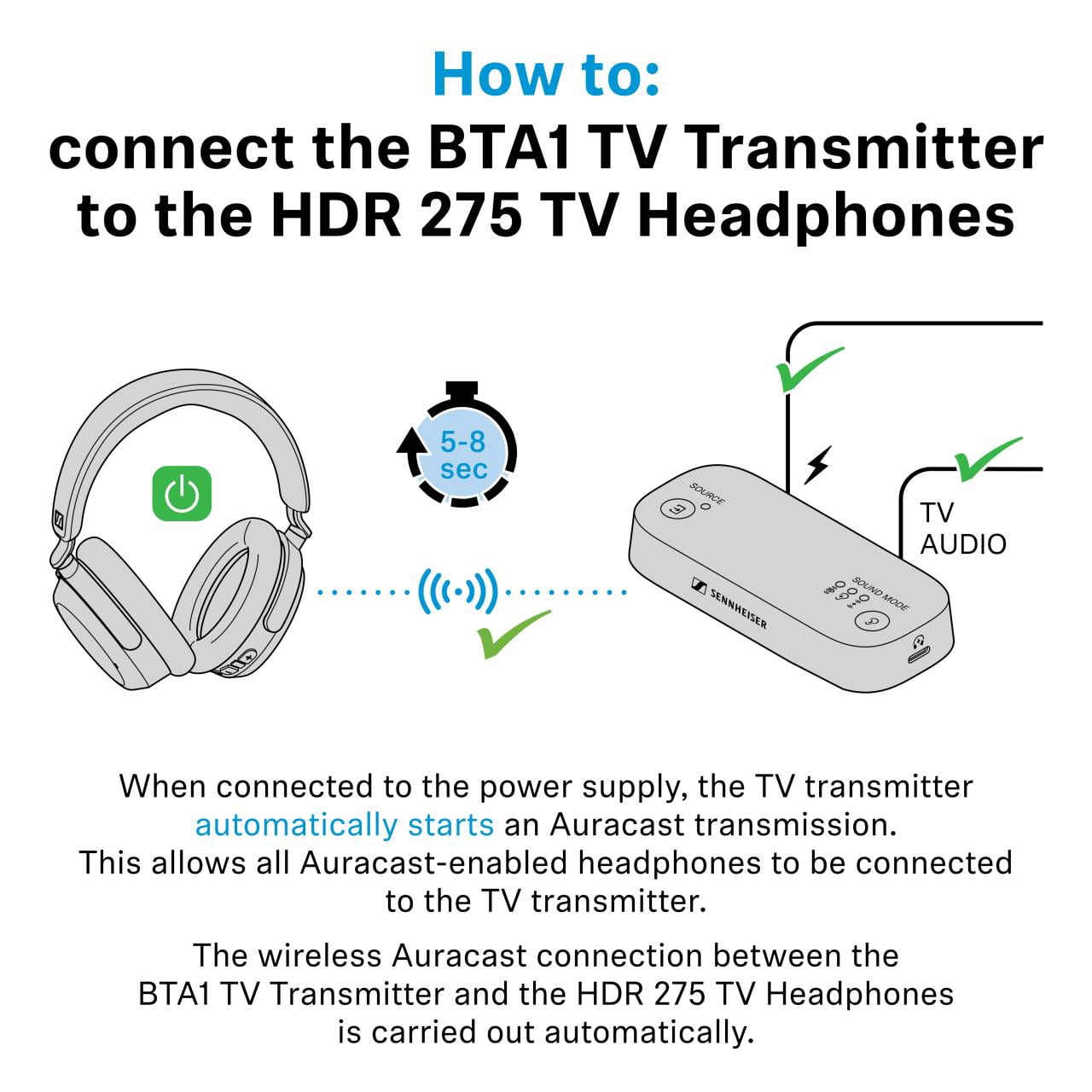 Sennheiser RS 275 TV Headphones - Bluetooth Headphones and Transmitter Bundle - Low Latency Wireless Headphones with Virtual Surround Sound, Speech Clarity and Auracast Technology - 50 h Battery