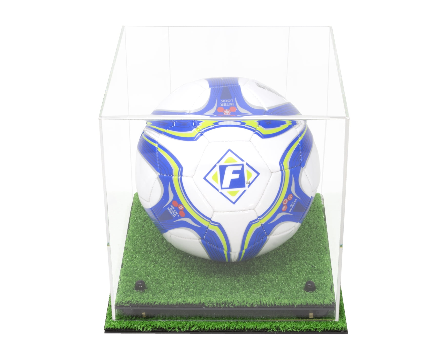 Deluxe Clear Acrylic Soccer Ball Display Case with Black Risers and