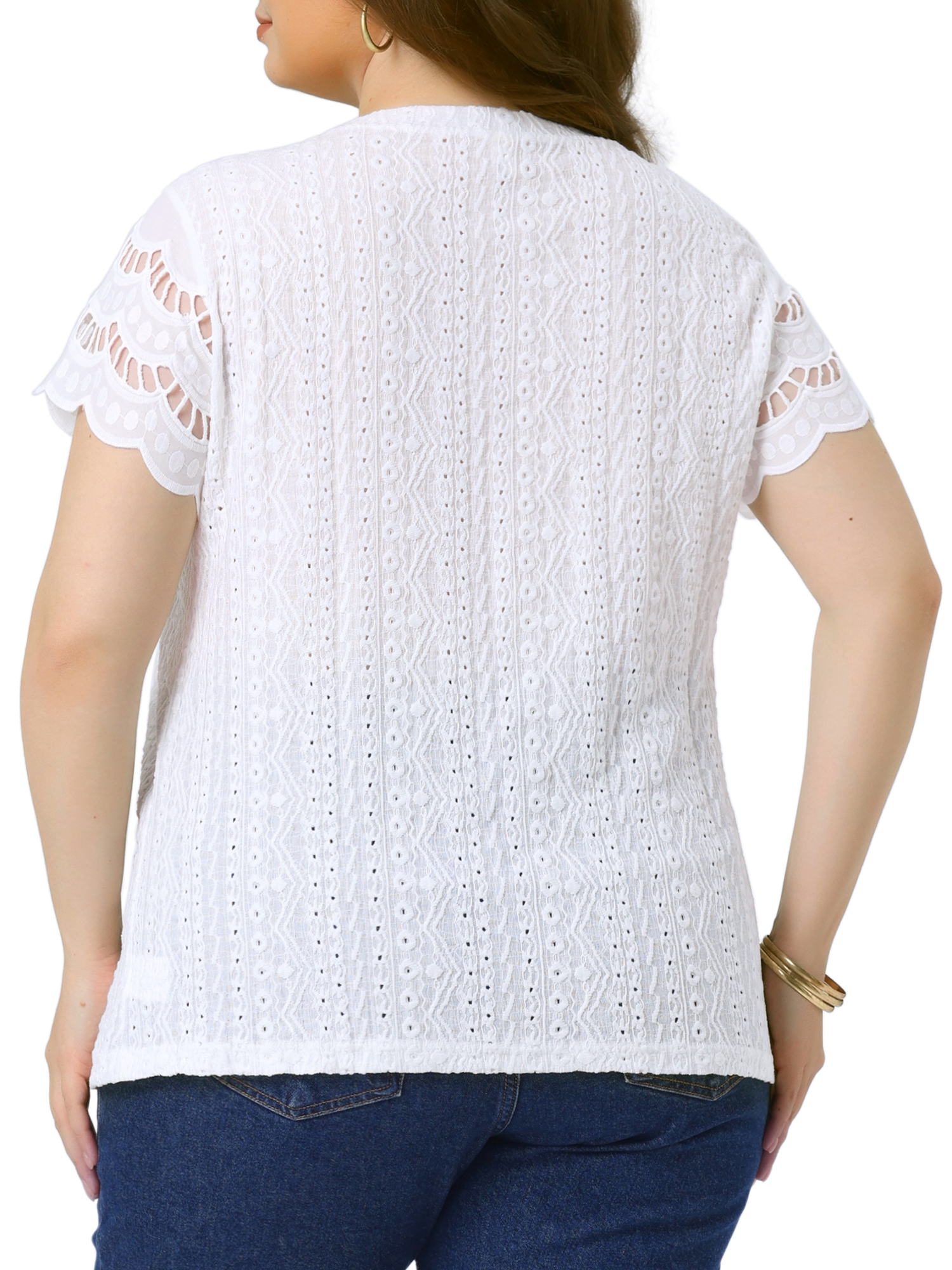 DARING DIVA Women's Plus Casual Lace Panel Hollow Dressy Eyelet Blouses 1X White