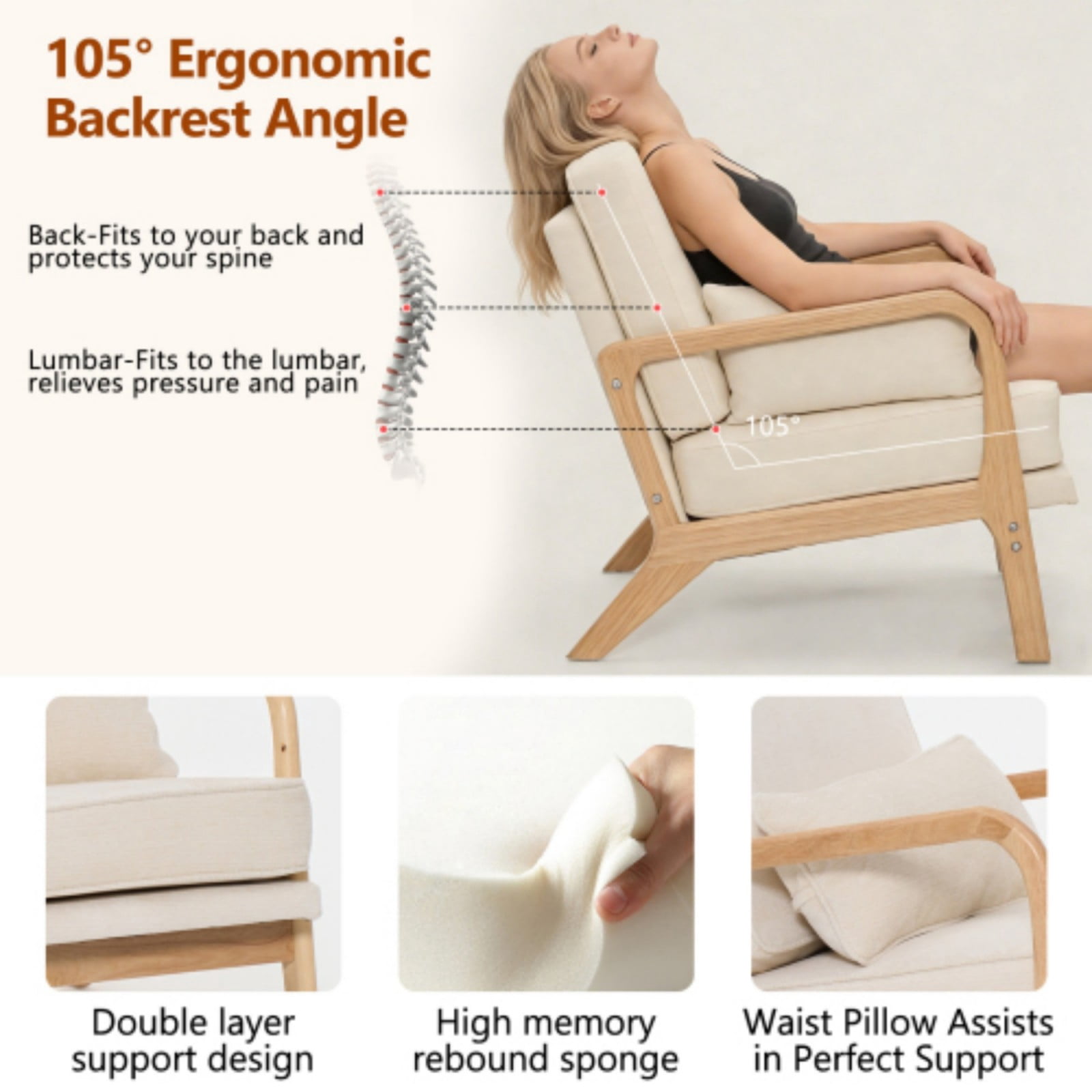 Mid-Century Modern Lounge Chair Single Upholstered Accent Chair with Curved Wood Armrests & Lumbar Cushion, Living Room Bedroom Reading Armchair Indoor, Beige