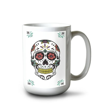 

15 fl oz Ceramic Mug Day of the Dead Sugar Skull and Flower Pattern (White and Magenta) Dishwasher & Microwave Safe