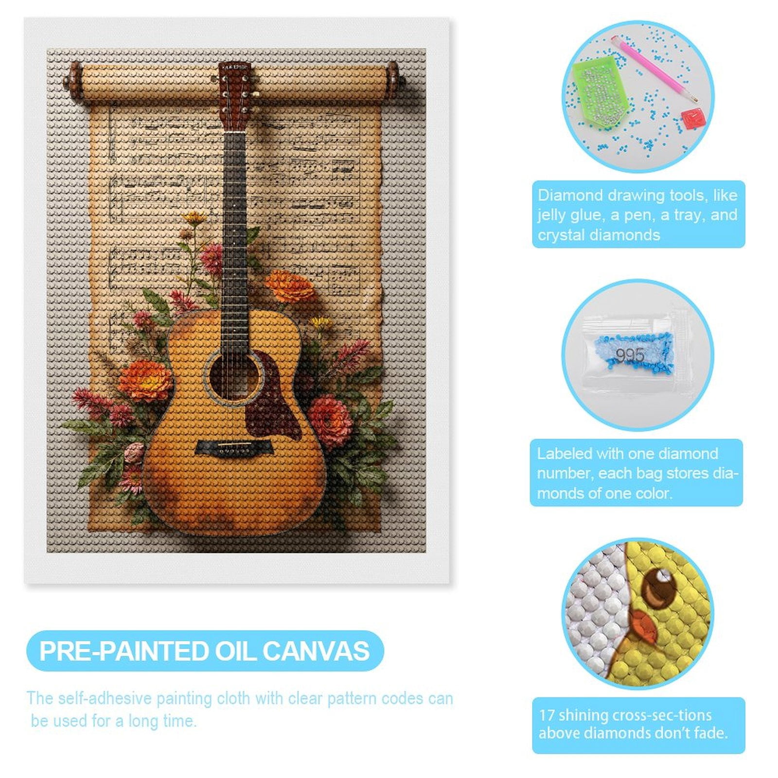 Diamond Art Kits for Adults, Guitar Floral Sheet Music Display 5D Diamond Painting Kits for Adults Beginners, DIY Full Drill Diamond Painting, Gem Art and Crafts 12x16