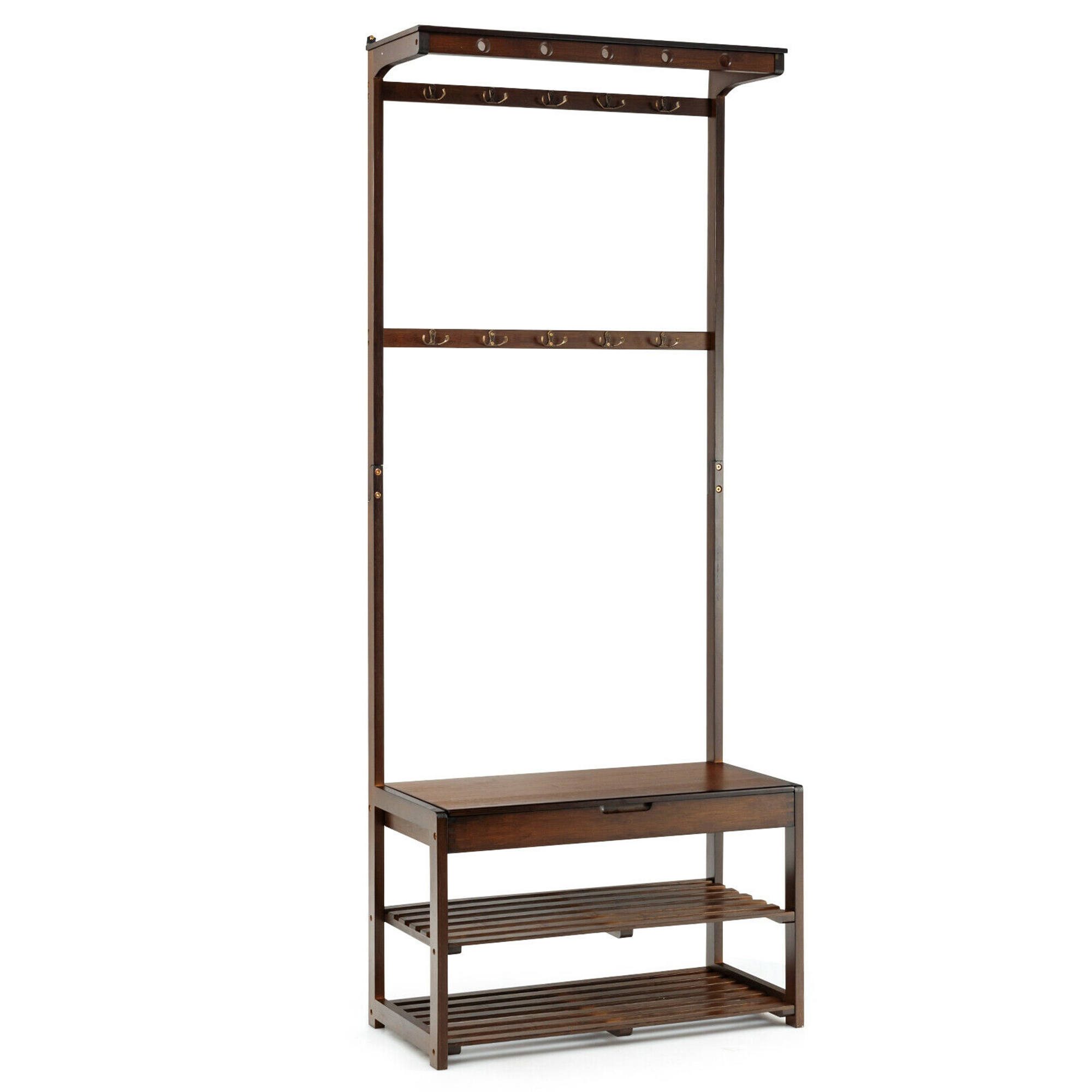 Gymax 5 In 1 Bamboo Coat Rack Shoe Bench Entryway Hall Tree w/10 Dual
