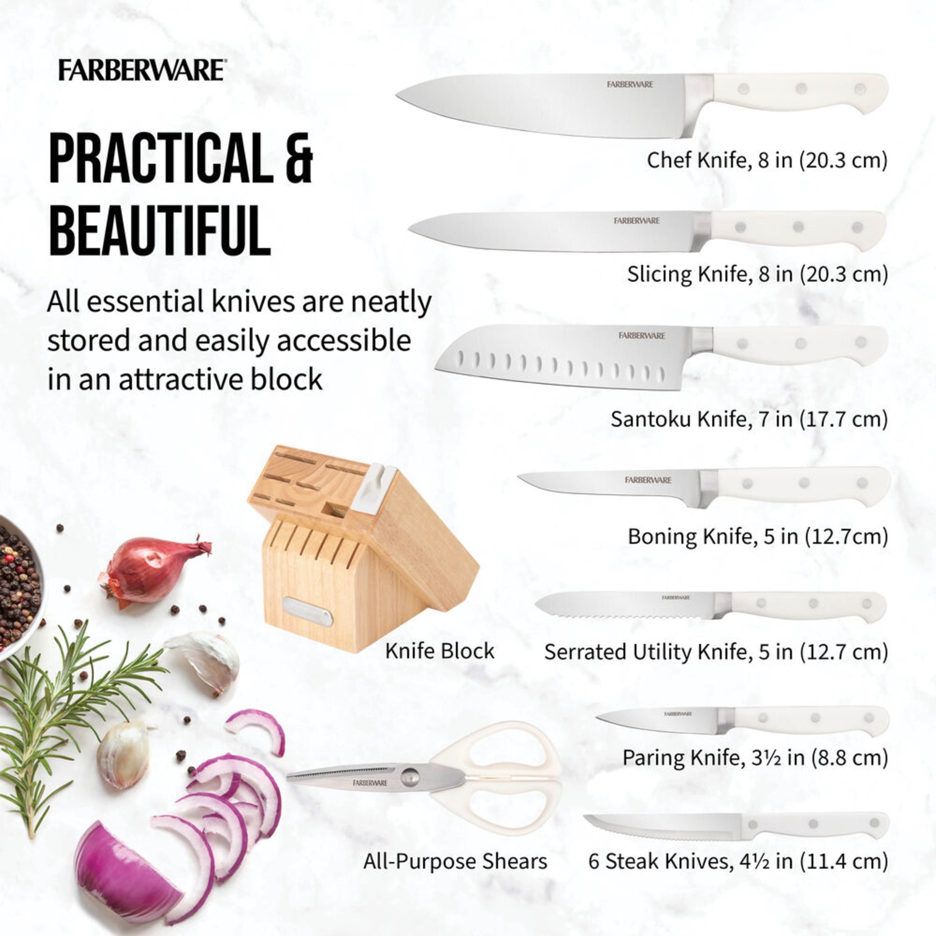 Farberware EdgeKeeper 14-Piece Forged Triple Rivet Kitchen Knife Set with Block, White