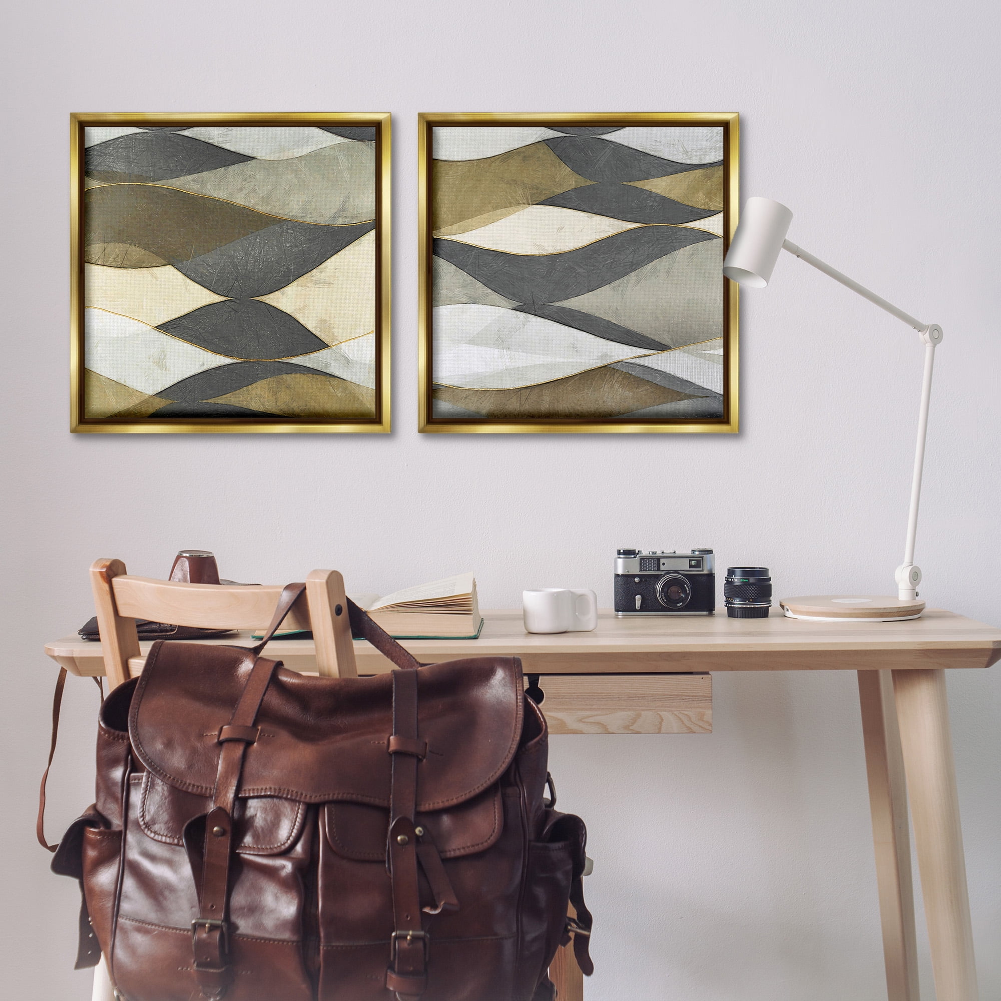 Stupell Industries Contemporary Layered Waves Abstract Painting Gold Floater Framed Canvas Art Print Wall Art, 25 x 25, Set of 2