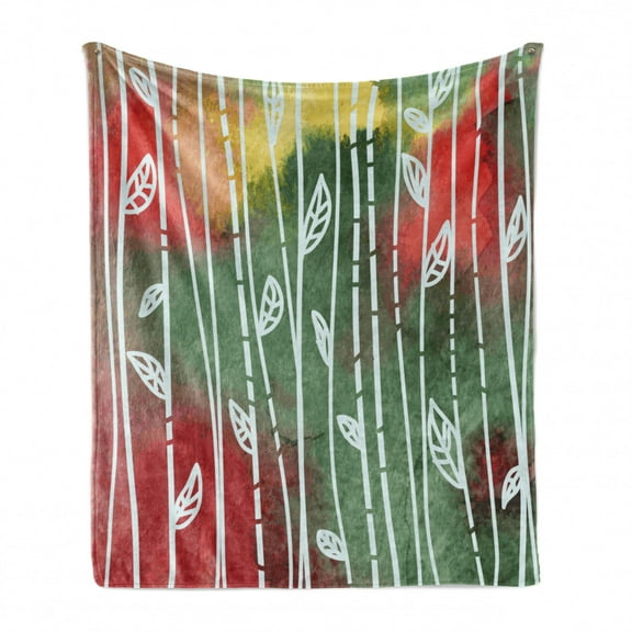 Watercolor Soft Flannel Fleece Blanket, Doodle Style Leaves on Stems Grunge Motley Backdrop Dirty Look Exotic, Cozy Plush for Indoor and Outdoor Use, 60" x 80", Jade Green Yellow Red, by Ambesonne