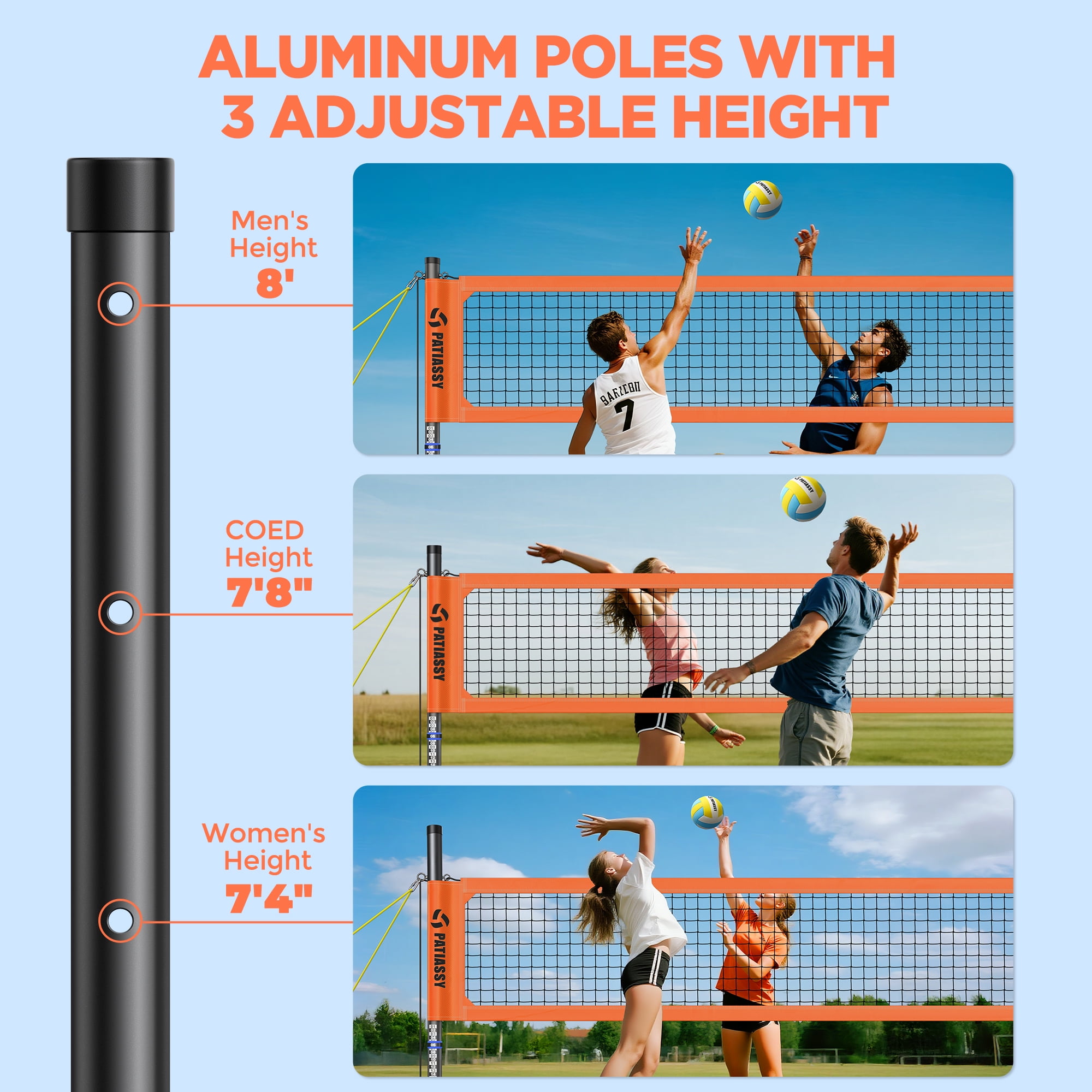 Patiassy Heavy Duty Professional Portable Volleyball Net for Backyard Outdoor with Adjustable Aluminum Poles Winch System Steel Stakes Anti-Sag Design Pump and 1680D Carry Bag for Beach Grass