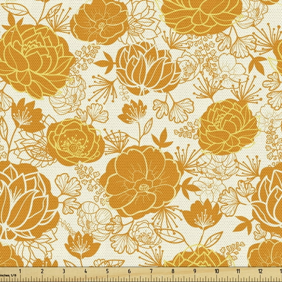 Floral Fabric by the Yard, Vibrant Illustration of Different Blossoming Flowers in Tangerine Tones, Decorative Upholstery Fabric for Chairs & Home Accents, Marigold and Cream by Ambesonne