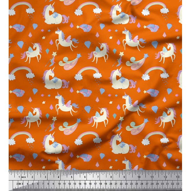 Soimoi Orange Rayon Crepe Fabric Rainbow & Unicorn Animal Print Fabric by Yard 46 Inch Wide
