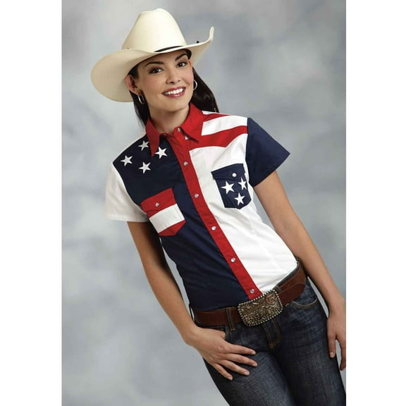 Roper Womens Red White And Blue Colorblocked Pieced Short Sleeve Western Snap Shirt