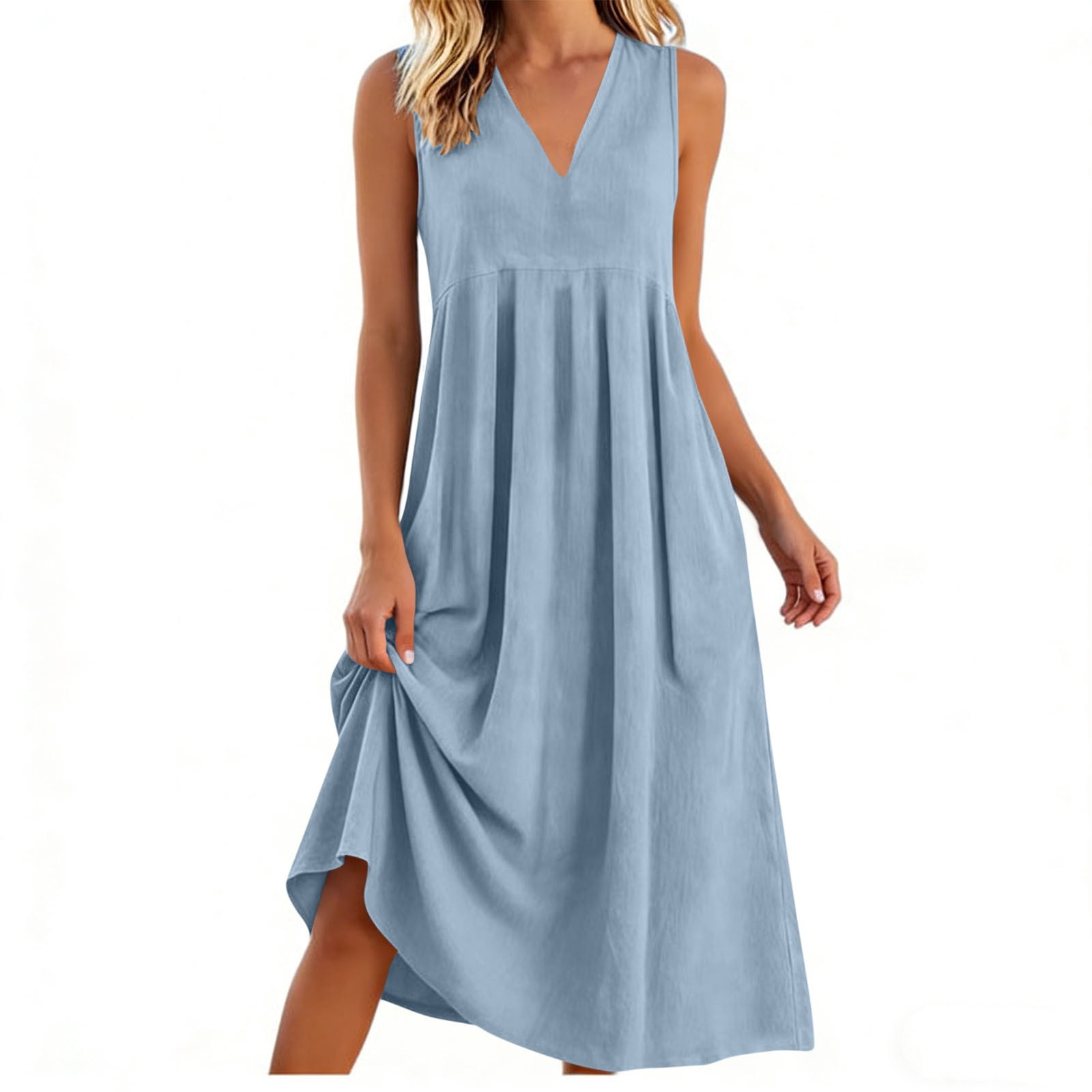 Awdenio Dresses for Women Summer Sundress Sleeveless Casual Dresses V Neck A-Line Beach Dress with Pockets