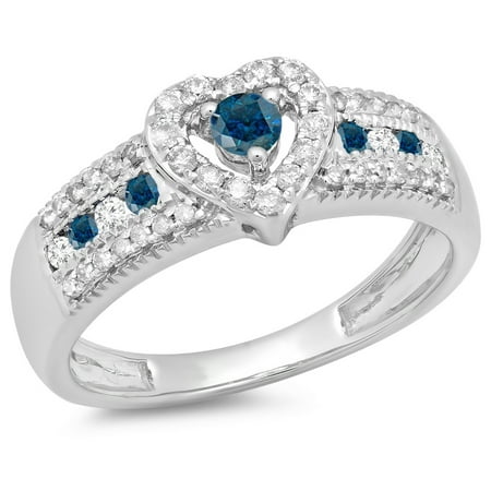 0.55 Carat (ctw) 14K White Gold Round Cut Blue & White Diamond Ladies Bridal Heart Shaped Promise Engagement Ring 1/2 CT