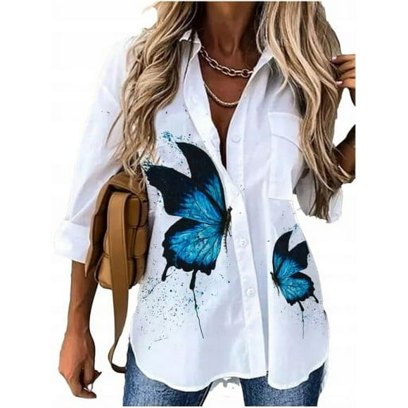 Chemise à Revers Imprimée à Manches Longues pour Femme